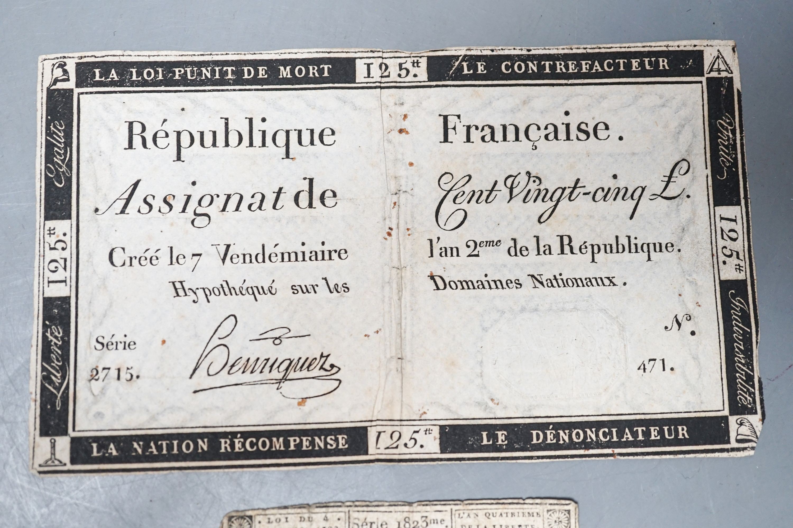 Bank notes; Republique Francaise, 'Assignat de Cent Vingt-cinq L', serie 2715/471, 9.5 x 16cm. and 'Assignat de dix sous', 1791, 6.5 x 7.5cm.